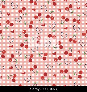 Cherries with plaid gingham print hearts seamless fabric design pattern Stock Vector