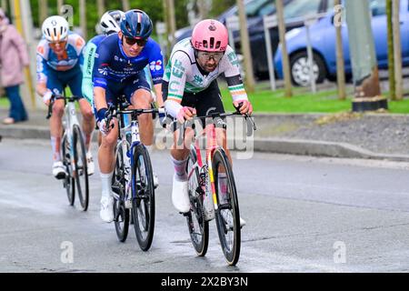 Liege, Belgium. 21st Apr, 2024. French Romain Bardet of Team DSM-Firmenich PostNL, French Benoit Cosnefroy of Decathlon Ag2r La Mondiale Team, French Romain Gregoire of Groupama-FDJ and Irish Ben Healy of EF Education-EasyPost pictured in action during the men elite race of the Liege-Bastogne-Liege one day cycling event, 254, 5 km km from Liege, over Bastogne to Liege, Sunday 21 April 2024. BELGA PHOTO DIRK WAEM Credit: Belga News Agency/Alamy Live News Stock Photo