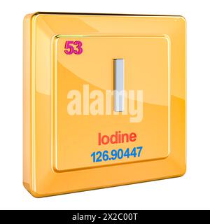 Iodine I, chemical element sign with number 53 in periodic table. 3D rendering isolated on white background Stock Photo