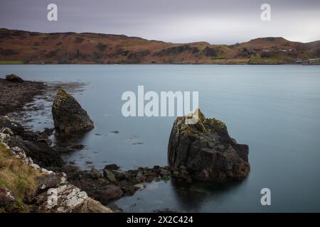 Two large rocks in the Foreground with the Isle of Kerrera in the background, Oban, Argyll and Bute, Scotland, UK. Stock Photo