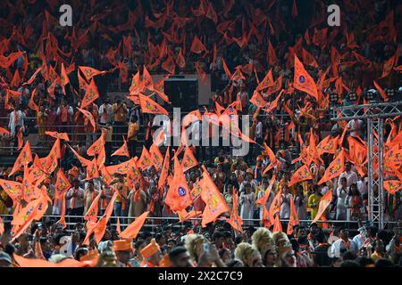 NEW DELHI, INDIA - APRIL 21:  People gathered to celebrate Hindu Nav Varsh (Hindu New Year) at Indira Gandhi Stadium, on April 21, 2024 in New Delhi, India. Ahead of the Lok Sabha polls in the national capital, the Delhi BJP hosted a mega conclave of Hindu priests, saints and seers to celebrate the Hindu new year and construction of the Ram temple in Ayodhya, at the IGI stadium. (Photo by Salman Ali/Hindustan Times/Sipa USA ) Stock Photo