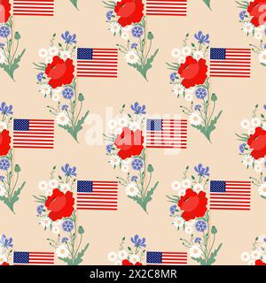 Seamless pattern Memorial Day. American flag with bouquet flowers red poppy, blue cornflowers and white chamomile. Vector illustration for design of n Stock Vector