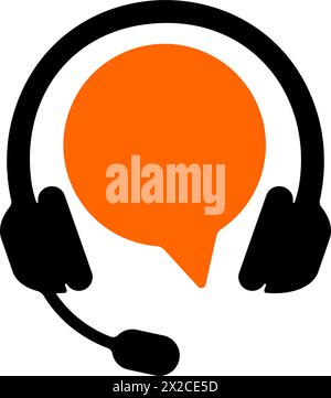 Customer support symbol with headphones and blank speech bubble sign isolated on white background. Call center sign. Empty template for hotline icon. Telemarketing concept. Vector flat illustration. Stock Vector