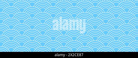 Traditional Japanese seigaiha pattern. Sea or ocean waves background. Scallops print. Fish squama or dragon scale. Simple geometric ornament with blue and white curves. Vector graphic illustration. Stock Vector