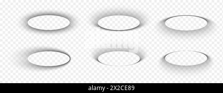 Oval shadows shapes isolated on transparent background. Elliptical soft overlay effect with dark gradient borders. Empty ellipse shades on floor, paper or page. Vector realistic illustration. Stock Vector