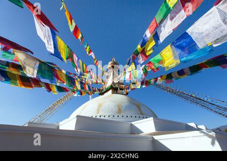 Boudha, bodhnath or Boudhanath stupa with prayer flags, the biggest buddhist stupa in Kathmandu city, buddhism in Nepal Stock Photo