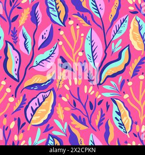 Colorful doodle botanical pattern. Vector print with hand-drawn simple plant elements Stock Vector