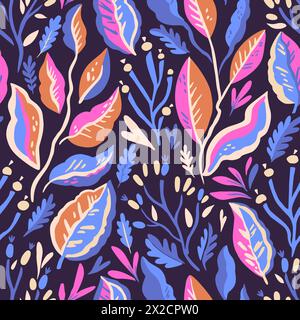 Colorful doodle botanical pattern. Vector print with hand-drawn simple plant elements Stock Vector