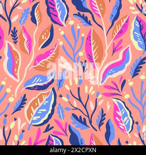 Colorful doodle botanical pattern. Vector print with hand-drawn simple plant elements Stock Vector