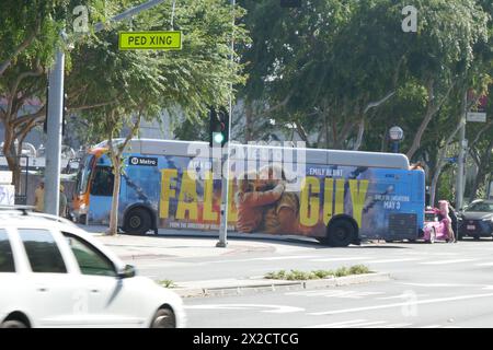 West Hollywood, California, USA 21st April 2024 The Fall Guy Bus and Angelyne at her billboard on Santa Monica Blvd on April 21, 2024 in West Hollywood, California, USA. Photo by Barry King/Alamy Stock Photo Stock Photo