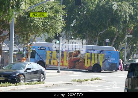 West Hollywood, California, USA 21st April 2024 The Fall Guy Bus and Angelyne at her billboard on Santa Monica Blvd on April 21, 2024 in West Hollywood, California, USA. Photo by Barry King/Alamy Stock Photo Stock Photo