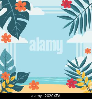 Summer Beach Frame Background with Tropical Leaf Plant and Copy Space Stock Vector