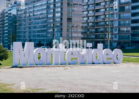 Poster located in the city of Montevideo Uruguay. Tourist area of the Pocitos neighbourhood. Letters of material of white colour Montevideo. Stock Photo
