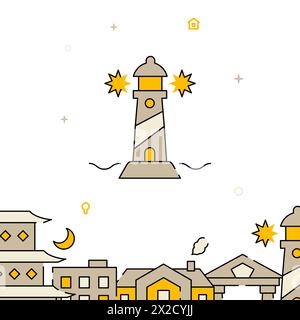 Lighthouse, seashore filled line vector icon, simple illustration, related bottom border. Stock Vector