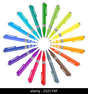 Set of multicolored pens placed in a circle. Vector illustration. Stock Vector