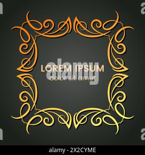 A square golden monogram element on a dark background. Vector illustration. Stock Vector