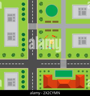 Plan Of City. Top view of the city with the road, crossroad, high-rise buildings, trees,  shrubs, playground and office building. Stock Vector