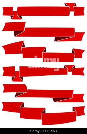 Set of six red cartoon ribbons for web design. Great design element isolated on white background. Vector illustration. Stock Vector