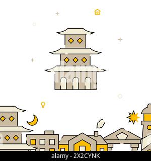 Chinese pagoda filled line vector icon, simple illustration, related bottom border. Stock Vector