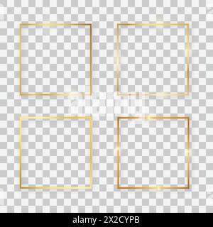 Set of four gold shiny square frames with glowing effects and shadows on transparent background. Vector illustration Stock Vector