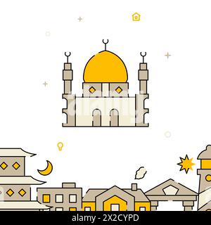Mosque with minarets filled line vector icon, simple illustration, related bottom border. Stock Vector