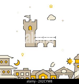 Fortress with bridge filled line vector icon, simple illustration, related bottom border. Stock Vector