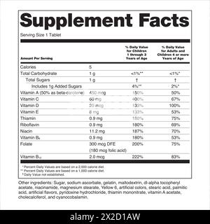 FDA Nutrition Supplement Facts Labeling Labels Multiple vitamins for children and adults excludes Servings Per Container which is stated in the net qu Stock Vector