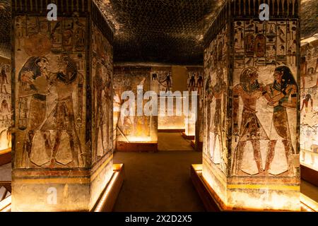 Luxor, Egypt - November 25 2023: View of the richly decorated wtih hieroglyphs  upper pillared hall inside the famous Seti the first tomb in the valle Stock Photo