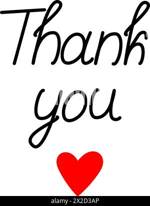 Thank you with red heart shape under inscription Handwriting lettering for Thanksgiving greetings Isolate EPS Calligraphic concept in minimalistic style Vector for cards, poster, banner, print or web Stock Vector