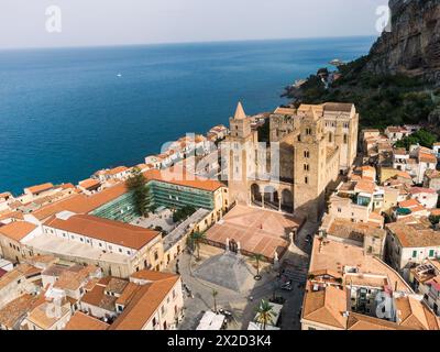 Cefalu, Italy: Aerial view of the Norman mediveval cathedral, also called the Duomo di Cefalu in Italian, in the famous Cefalu old town in Sicily, Ita Stock Photo