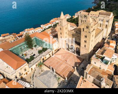 Cefalu, Italy: Aerial view of the Norman mediveval cathedral, also called the Duomo di Cefalu in Italian, in the famous Cefalu old town in Sicily, Ita Stock Photo