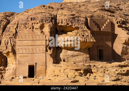 Al Ula, Saudi Arabia: The amous tombs of the Nabatean civilization, Al-Ula being their second largest city after Petra, at the Madain Saleh site in th Stock Photo