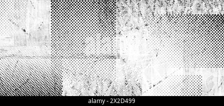 Halftone grunge punk texture. Abstract dotted glitch background. Distorted scratches, splashes and dots wallpaper for brochure, banner, poster, flyer, print, overlay. Distress vector backdrop Stock Vector