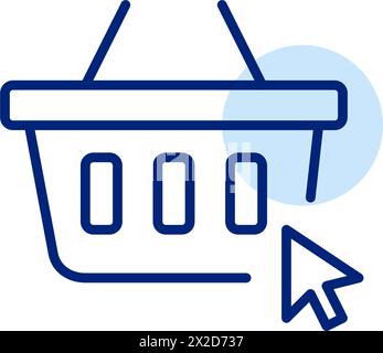 Mouse pointer clicking on shopping basket. Online shopping, seamless add to cart functionality. Pixel perfect icon Stock Vector