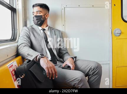 Health, mask and businessman with travel on train for public transport, trip and safety on journey. Professional person, ppe and thinking in vehicle Stock Photo