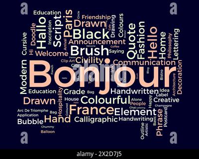 Bonjour word cloud template. Greeting concept vector background. Stock Vector