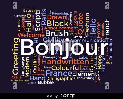 Bonjour word cloud template. Greeting concept vector background. Stock Vector