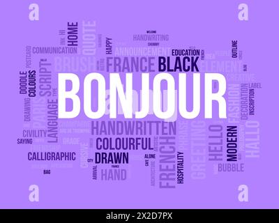 Bonjour word cloud template. Greeting concept vector background. Stock Vector