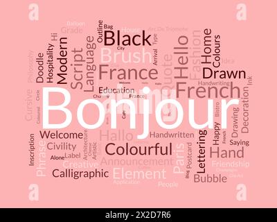 Bonjour word cloud template. Greeting concept vector background. Stock Vector