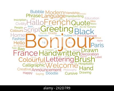 Bonjour word cloud template. Greeting concept vector background. Stock Vector