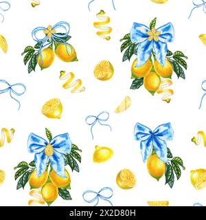 Lemons on branches tied with blue bows watercolor seamless pattern. Yellow citrus slices and zest endless hand drawn Mediterranean background. Italian Stock Photo