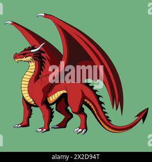 Dragon. Red dragon illustration With Green Background. Stock Vector