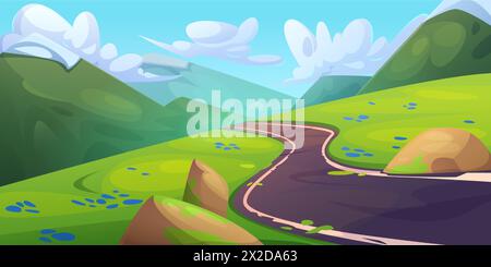 Summer day mountains landscape with winding road, green grass and rocks. Cartoon vector illustration of spring sunny scenery with empty asphalt serpentine highway, hills and blue sky with clouds Stock Vector