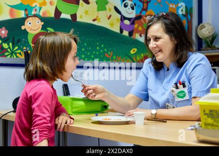 Food allergy test, Allergology, Pediatrics, Medical care, Hospital Donostia, San Sebastian, Gipuzkoa, Basque Country, Spain . Stock Photo