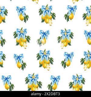 Lemons on branches tied with a blue bow watercolor seamless pattern. Hand drawn illustration of yellow citrus fruits and blue ribbons endless backgrou Stock Photo