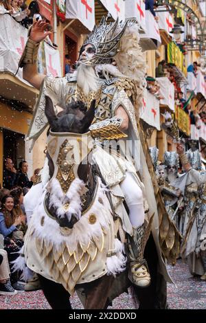 Alcoy, Spain, 04-20-2024: Special squad of the Alcodianos troupe for its captaincy in the Moors and Christians parade of Alcoy, a festival of internat Stock Photo