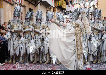 Alcoy, Spain, 04-20-2024: Special squad of the Alcodianos troupe for its captaincy in the Moors and Christians parade of Alcoy, a festival of internat Stock Photo