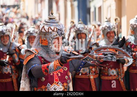 Alcoy, Spain, 04-20-2024: Special squad of the Mozarabes troupe for its hundredth anniversary in the Moors and Christians parade of Alcoy, a festival Stock Photo