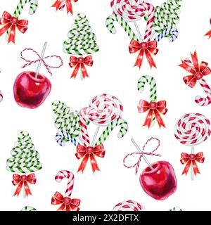 Christmas candy canes striped watercolor pattern. New Year's treats and caramel red apples endless hand drawn background. For wrapping paper and fabri Stock Photo