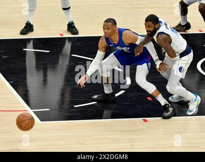 Los Angeles, Unite States. 21st Apr, 2024. Dallas Mavericks guard Kyrie Irving (11) and Los Angeles Clippers guard Russell Westbrook (00) fight for control of the loose ball during the second half in Game 1 of their Western Conference first-round playoff series at Crypto.com Arena in Los Angeles on Sunday, April 22, 2024. Photo by Jim Ruymen/UPI Credit: UPI/Alamy Live News Stock Photo
